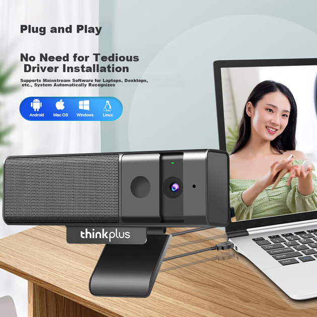 Веб-камера Lenovo ThinkPlus 1080P HD с микрофоном для настольного компьютера, защитная крышка в комплекте, подключение и использование без установки драйверов, подходит для онлайн-обучения, учебы и работы WL62A - изображение 5