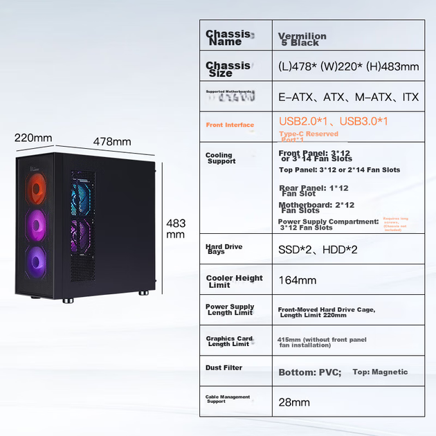 Корпус SAMA Zhuque 5 игровой черный со стеклянной боковой панелью, поддержка E-ATX, СЖО 360 мм и длинных видеокарт - изображение 5