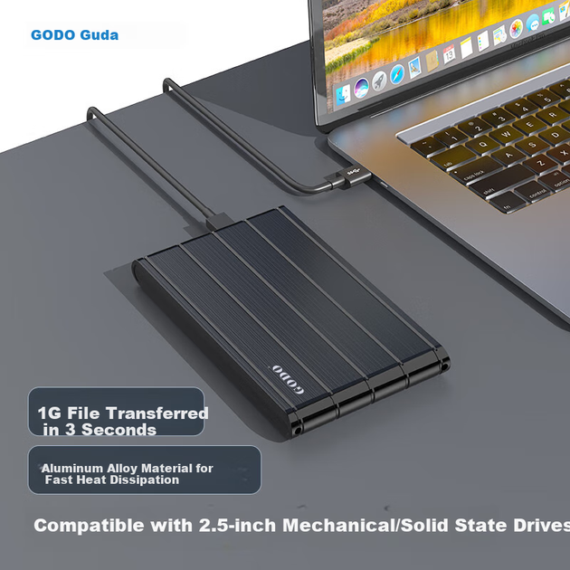 Корпус для SSD-накопителя GODO USB 3.0, портативный, 2,5-дюймовый, из алюминиевого сплава, с интерфейсом SATA, совместим с настольными компьютерами, ноутбуками, телефонами, внешними SSD-накопителями и механическими жесткими дисками. - изображение 5