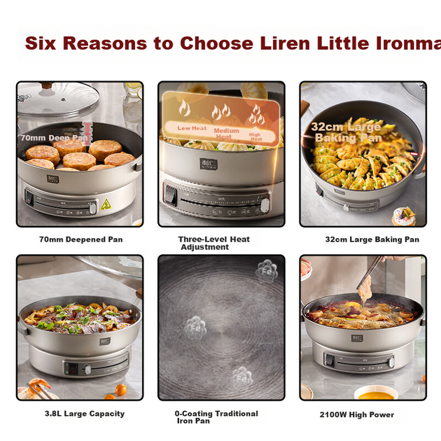 Сковорода электрическая Liven Little Ironman LR-XTR3269 чугунная, 32 см, глубина 7 см - изображение 3
