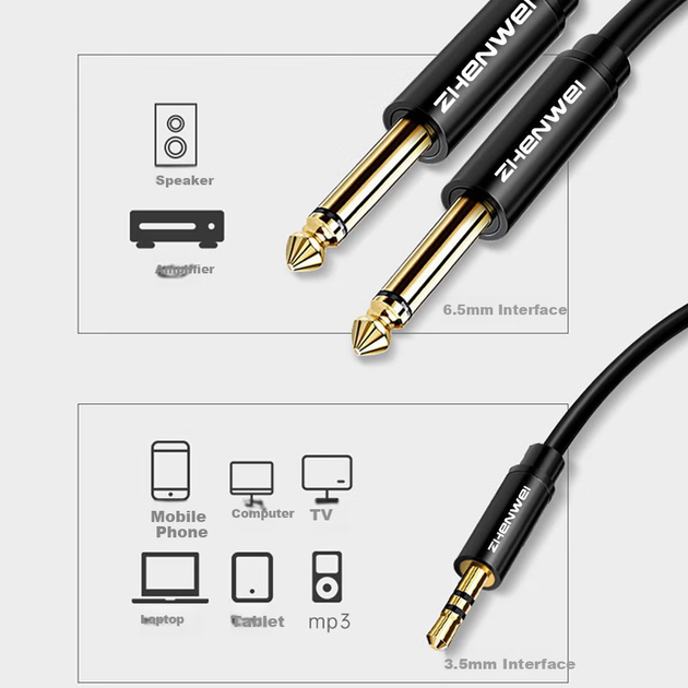 Кабель ZHENWEI Mini Jack 3.5 мм - 2 x Jack 6.35 мм, 15 м (ZW-YPX141) - зображення 7