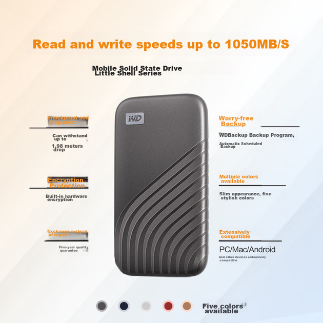 Портативный твердотельный накопитель Western Digital (WD) 500 ГБ NVMe (PSSD), My Passport SSD с интерфейсом Type-C, 1050 МБ/с, прямое подключение к телефону и внешний для ноутбуков. - изображение 6