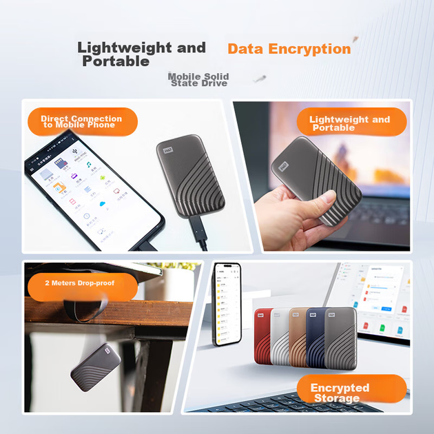 Портативний твердотільний накопичувач Western Digital (WD) 1 ТБ NVMe (PSSD), My Passport SSD з інтерфейсом Type-C, 1050 МБ/с, пряме підключення до телефону, сумісний з ноутбуками та телефонами як зовнішній накопичувач - изображение 8