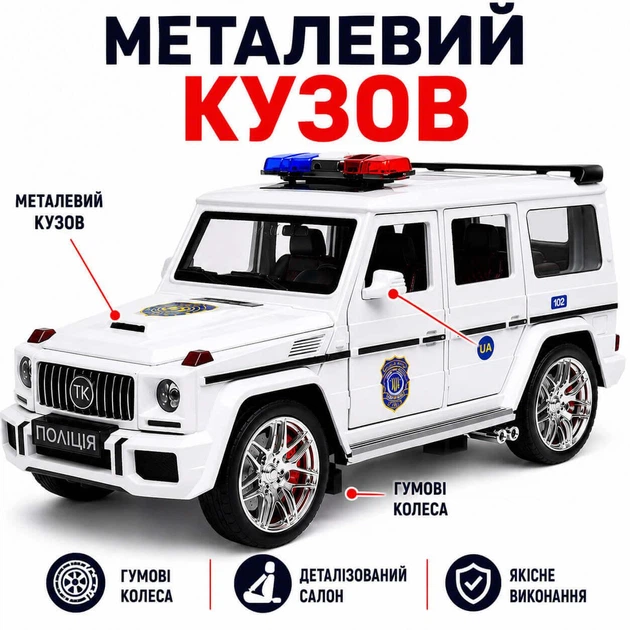 Игрушечная машинка Mercedes-Benz G-Class «Полиция», белая, масштаб 1:24, металлическая, свет, звук, инерция - Фото 3 Игрушечная машинка Mercedes-Benz G-Class «Полиция», белая, масштаб 1:24, металлическая, свет, звук, инерция - изображение 3