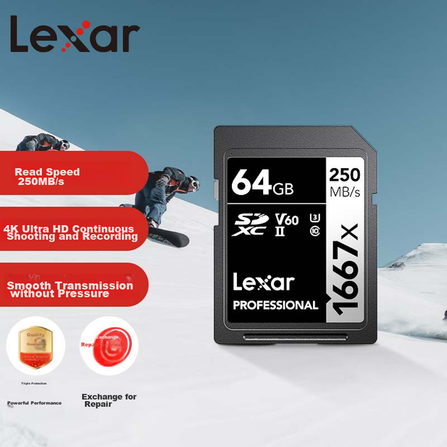 Карта памяти Lexar SD 1667x Pro, 64 ГБ, U3 V60, скорость чтения 250 МБ/с, записи 120 МБ/с, для съемки 4K - изображение 4