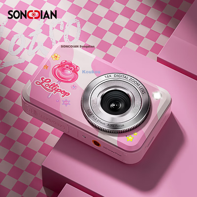 Цифровая фотокамера SONGDIAN Strawberry Bear Collaboration с двумя фронтальной и тыловой HD-камерами, для видеоблогов и селфи, портативная мини-камера с картой памяти 128 ГБ, розовая. - изображение 4