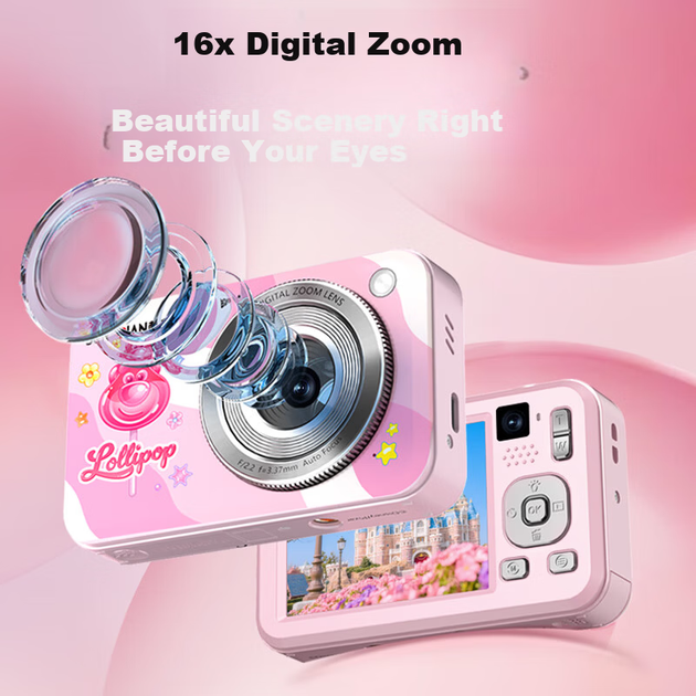 Цифровая фотокамера SONGDIAN Strawberry Bear Collaboration с двумя фронтальной и тыловой HD-камерами, для видеоблогов и селфи, портативная мини-камера с картой памяти 128 ГБ, розовая. - изображение 7