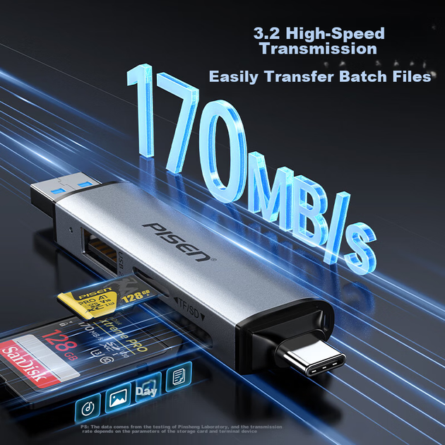 Картридер Pisen USB 3.2 для карт SD/TF и USB-накопителей, для ПК, iPhone и камер - Фото 6 Картридер Pisen USB 3.2 для карт SD/TF и USB-накопителей, для ПК, iPhone и камер - изображение 6