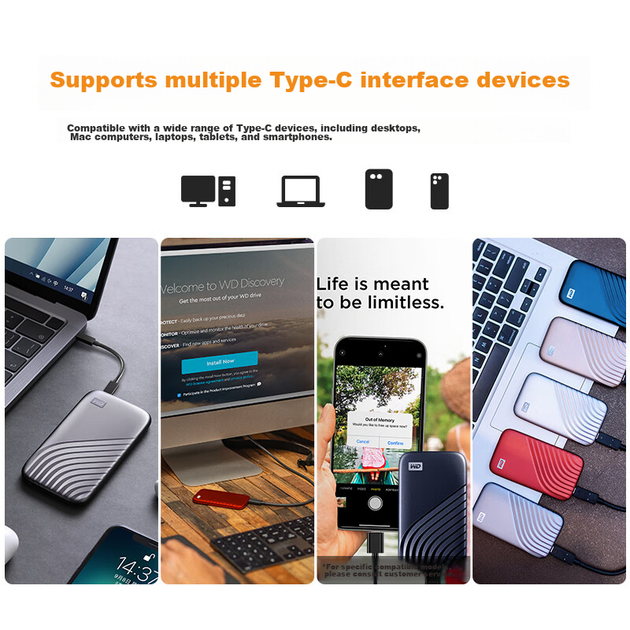Портативний твердотільний накопичувач Western Digital (WD) 1 ТБ NVMe (PSSD), My Passport SSD з інтерфейсом Type-C, 1050 МБ/с, пряме підключення до телефону, сумісний з ноутбуками та телефонами як зовнішній накопичувач - изображение 4