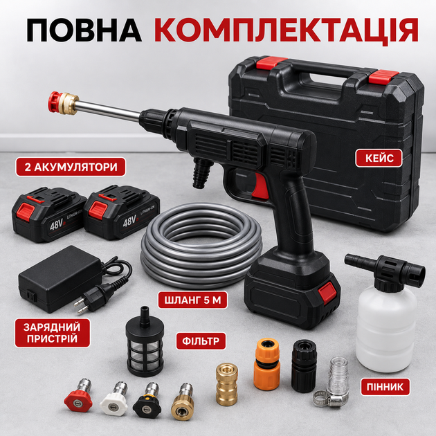Аккумуляторная мойка высокого давления 36 В, портативная мини-мойка для автомобиля, дома и сада, 2 аккумулятора по 5 А·ч, бесщеточный двигатель, 30 бар, шланг 5 м, чехол, 3 насадки - изображение 4