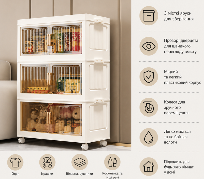 Пластиковый шкафчик для хранения 3 яруса 50×25×72 см Пластиковый органайзер-комод на колесах с прозрачной дверцей - изображение 6