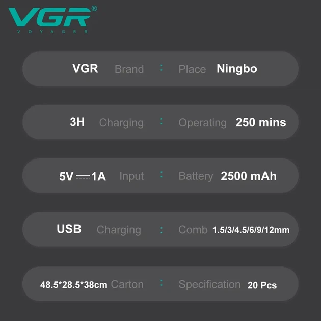 Аккумуляторная машинка для стрижки VGR V-003, 6 насадок, TURBO режим, керамическое лезвие, LED - изображение 7