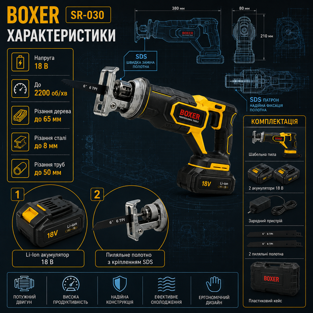 Акумуляторна шабельна пила Boxer SR030 18 В з двома акумуляторами шабельна ножівка для дерева металу труб і пластику - зображення 3