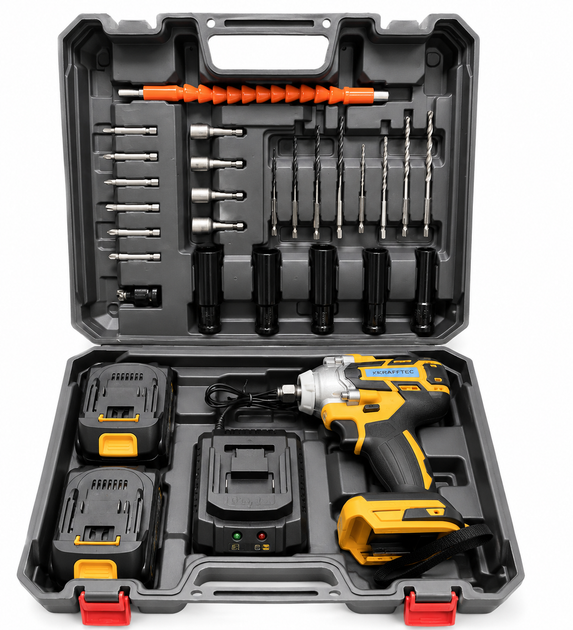 Аккумуляторный ударный гайковёрт Krafftec DTW 1000Hm 48V 8Ah, бесщёточный, 2 АКБ, набор инструментов - изображение 3