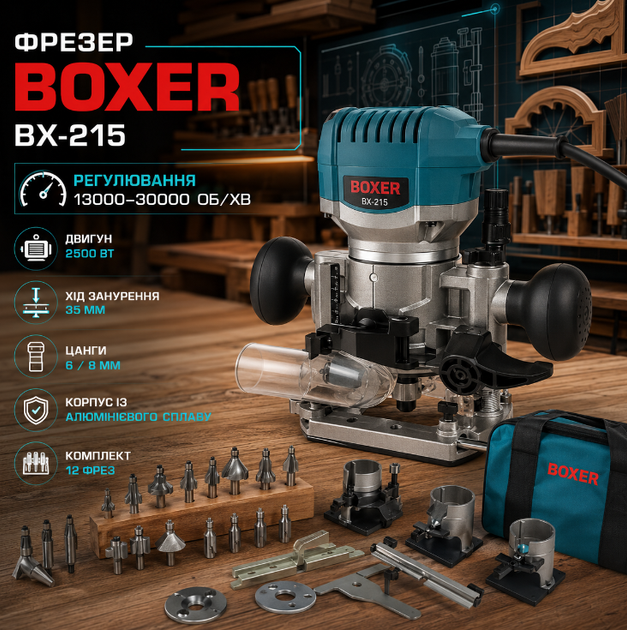 Ручной электрический фрезер BOXER BX215 2500 Вт с цангами 6 8 мм регулировкой оборотов 13000 30000 об/мин для фрезерования древесины МДФ - Фото 1 Ручной электрический фрезер BOXER BX215 2500 Вт с цангами 6 8 мм регулировкой оборотов 13000 30000 об/мин для фрезерования древесины МДФ - изображение 1
