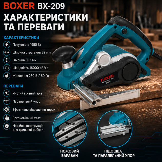 Ручной электрический рубанок BOXER BX209 1950 Вт 82 мм глубина строгания 0 2 мм для строгания выравнивания и обработки древесины - Фото 2 Ручной электрический рубанок BOXER BX209 1950 Вт 82 мм глубина строгания 0 2 мм для строгания выравнивания и обработки древесины - изображение 2