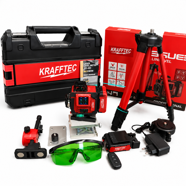 Лазерний рівень Krafftec Germany PRO 4D 16 ліній 360° із зеленим променем, штативом і мікроліфтом - зображення 2