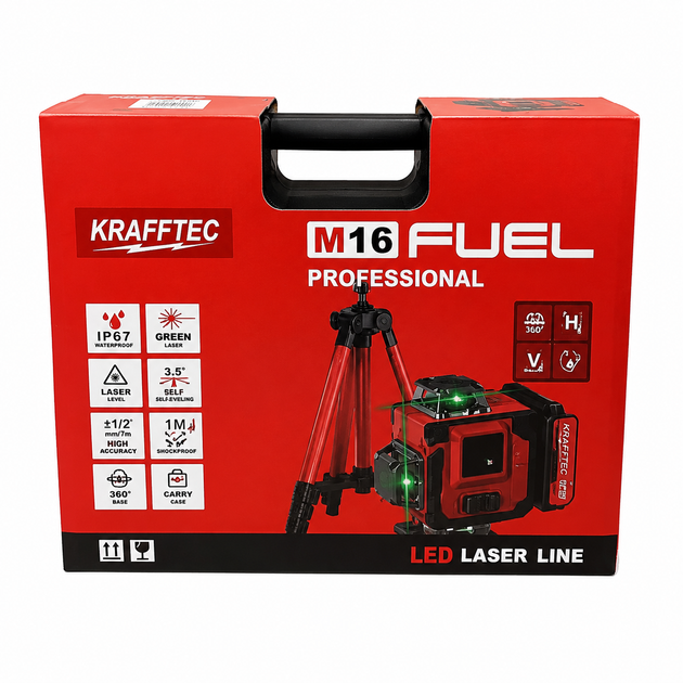 Лазерний рівень Krafftec Germany PRO 4D 16 ліній 360° із зеленим променем, штативом і мікроліфтом - зображення 4