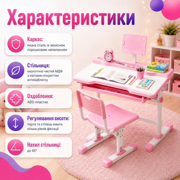 Парта трансформер VEN001 зі стільчиком дитячий комплект меблів для школяра регульована за висотою з нахилом стільниці висувною шухлядою підставкою для книг і гачком для рюкзака рожева - Фото 5 Парта трансформер VEN001 зі стільчиком дитячий комплект меблів для школяра регульована за висотою з нахилом стільниці висувною шухлядою підставкою для книг і гачком для рюкзака рожева - зображення 5
