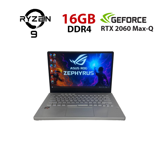 Игровой ультрабук Б-класса Asus ROG Zephyrus G14 GA401IV / 14" (1920x1080) IPS / AMD Ryzen 9 4900HS (8 (16) ядер по 3,0 - 4,3 ГГц) / 16 ГБ DDR4 / 1000 ГБ SSD NVMe / nVidia GeForce RTX 2060 Max-Q, 6 ГБ GDDR6, 192-бит б/у - Фото 1 Игровой ультрабук Б-класса Asus ROG Zephyrus G14 GA401IV / 14" (1920x1080) IPS / AMD Ryzen 9 4900HS (8 (16) ядер по 3,0 - 4,3 ГГц) / 16 ГБ DDR4 / 1000 ГБ SSD NVMe / nVidia GeForce RTX 2060 Max-Q, 6 ГБ GDDR6, 192-бит б/у - изображение 1