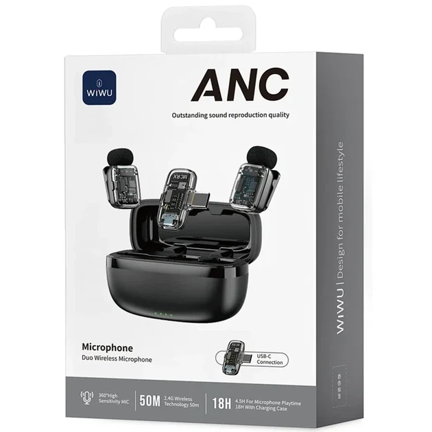 Петличный беспроводной микрофон WIWU WM008 Dual-mic ANC Type-C черный 0,142 кг - изображение 2