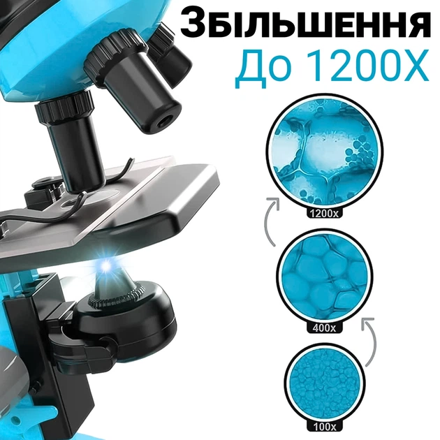 Дитячий мікроскоп uSmart 1012A-1 100х 400х 1200х LED біологічні зразки блакитний - Фото 9 Дитячий мікроскоп uSmart 1012A-1 100х 400х 1200х LED біологічні зразки блакитний - зображення 9