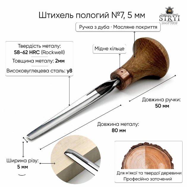 Штихель отлогий 5мм STRYI Profi для микрорезьбы по дереву, гравюры и линогравюры, арт. 130705 - изображение 2