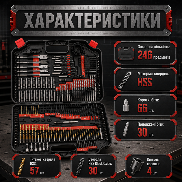 Набор сверл бит и коронок Kipo M246 на 246 предметов в кейсе для дерева металла пластика кирпича и камня - изображение 5