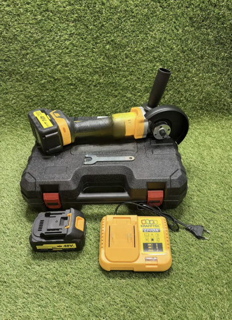 Кутова акумуляторна шліфувальна машина Krafftec DCG 413 безщіткова болгарка 125 мм з двома акумуляторами 48 В 6 А·год регулюванням обертів плавним пуском зарядним пристроєм і кейсом - зображення 7