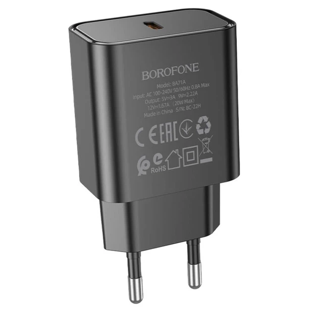 Мережевий зарядний пристрій BOROFONE BA71A Power single Port PD20W charger Black - Фото 1 Мережевий зарядний пристрій BOROFONE BA71A Power single Port PD20W charger Black - зображення 1