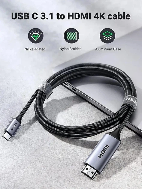 Кабель UGREEN MM142 USB-C to HDMI Male to Male Cable Aluminum Shell 1.5m (Gray Black)(UGR-50570) - Фото 5 Кабель UGREEN MM142 USB-C to HDMI Male to Male Cable Aluminum Shell 1.5m (Gray Black)(UGR-50570) - изображение 5