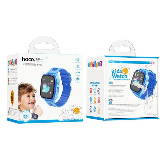 Дитячий cмарт-годинник Hoco Y100 36mm. SIM 2G. 400 mAh. IP65 Blue - Фото 2 Дитячий cмарт-годинник Hoco Y100 36mm. SIM 2G. 400 mAh. IP65 Blue - зображення 2