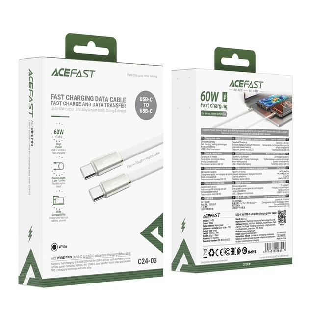 Кабель ACEFAST C24-03, Type-C to Type-C, 60W, 3A, 1.2m, Braided wire, Zinc alloy + TPE connectors, White - Фото 2 Кабель ACEFAST C24-03, Type-C to Type-C, 60W, 3A, 1.2m, Braided wire, Zinc alloy + TPE connectors, White - изображение 2