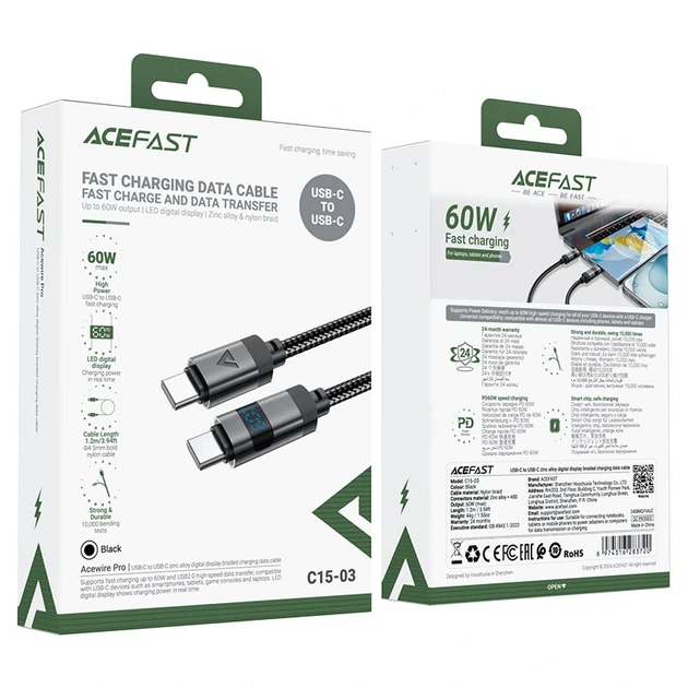 Кабель ACEFAST C15-03 USB-C to USB-C zinc alloy digital display braided charging data cable Black - Фото 2 Кабель ACEFAST C15-03 USB-C to USB-C zinc alloy digital display braided charging data cable Black - изображение 2