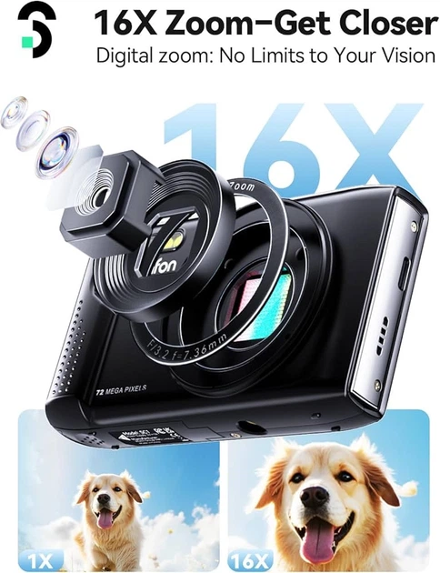 Цифровой фотоаппарат SOOMFON SC1 4K 72MP с 16X зумом, 32GB картой памяти, 2 аккумуляторами, черный - Фото 3 Цифровой фотоаппарат SOOMFON SC1 4K 72MP с 16X зумом, 32GB картой памяти, 2 аккумуляторами, черный - изображение 3