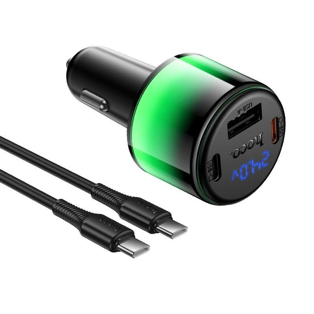 Автомобильное зарядное устройство HOCO Z69A Vivido 37W (2xUSB-C + USB-A) с цифровым дисплеем + кабель Type-C to Type-C Black - изображение 2