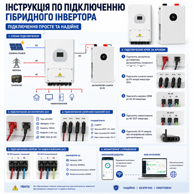 Комплект резервного питания гибридный инвертор Deye SUN-6K-SG05LP1-EU-AM2-P 6 кВт + аккумулятор Deye LiFePO4 5 кВт·ч 100Ah система бесперебойного питания для дома - изображение 2