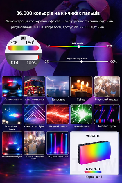 Светодиодный RGB накамерный свет VLOGLITE K15. Лампа для видео и фотосъемки - изображение 3