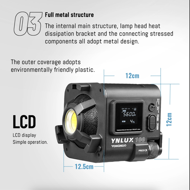 Постійне студійне світло Yongnuo YNLUX100 KIT 3200-5600K з ручкою, блоком живлення та кейсом - Фото 10 Постійне студійне світло Yongnuo YNLUX100 KIT 3200-5600K з ручкою, блоком живлення та кейсом - зображення 10