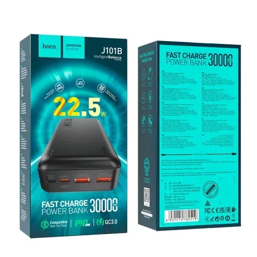 Павербанк Power Bank HOCO J101B Astute 30000 mAh 22.5W PD20W Black портативний акумулятор зі швидкою зарядкою та LED-дисплеєм - Фото 2 Павербанк Power Bank HOCO J101B Astute 30000 mAh 22.5W PD20W Black портативний акумулятор зі швидкою зарядкою та LED-дисплеєм - зображення 2