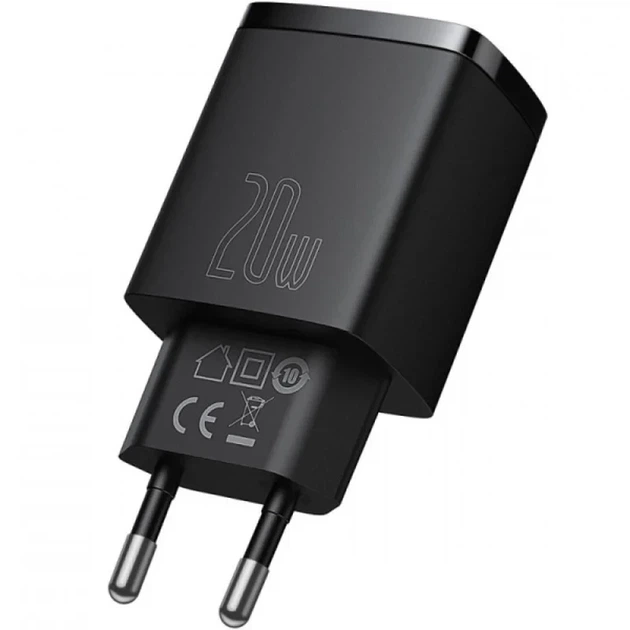 Сетевое зарядное устройство Baseus Compact 20W (1C1A) с быстрой зарядкой PD QC3.0, Черный - изображение 3