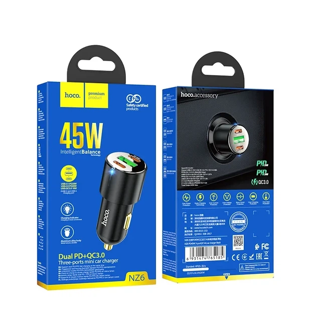 Автомобільний зарядний пристрій HOCO NZ6 PD45W 3 порти (2xType-C + USB) Чорний / Швидке автозаряджання АЗП у прикурювач - зображення 4