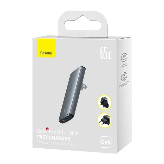 Сетевое зарядное устройство Baseus GaN5 Pro Ultra-Slim 65W Type-C + USB с кабелем Type-C to Type-C 100W Серый/Скорая зарядка бло - изображение 4