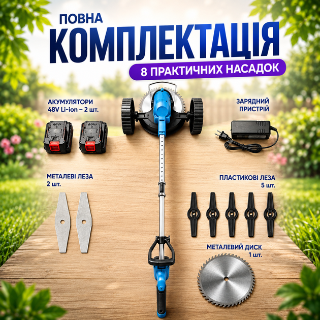 Триммер аккумуляторный со съемными колесами для газона травы и кустов беспроводная газонокосилка триммер с 2 аккумуляторами набором ножей и пильным диском садовая косилка с регулируемой телескопической штангой - изображение 4