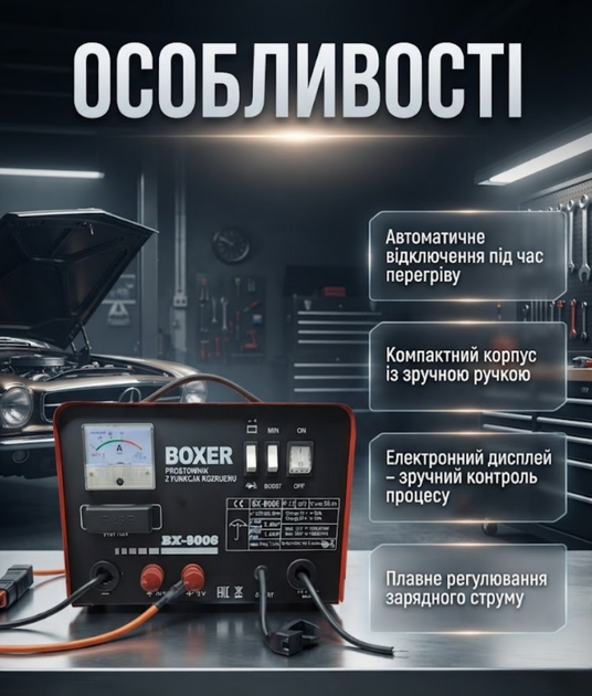 Автомобильное зарядное устройство BOXER 12 24 В 20 120 Ач 18 А с электронным дисплеем плавной регулировкой тока и защитой от короткого замыкания - изображение 4