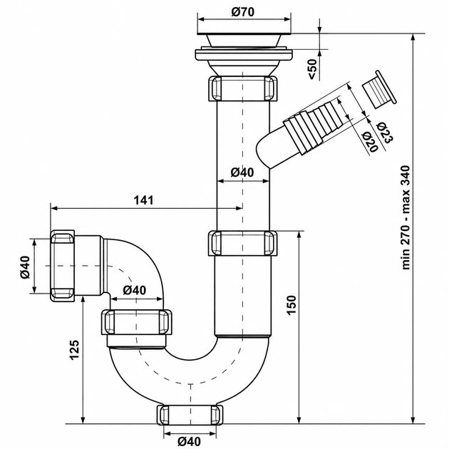 Сифон Kronoplast 1 1/2"*40 мм с резьбовым выпуском прямоточный и отводом для стиральной машины с ревизией SK14020000 - изображение 5