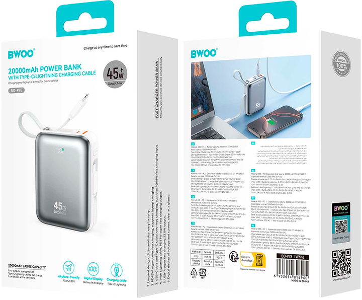 Powerbank BWOO P78 45W 20000mah USB-C Grey (6933654816960) - obraz 2