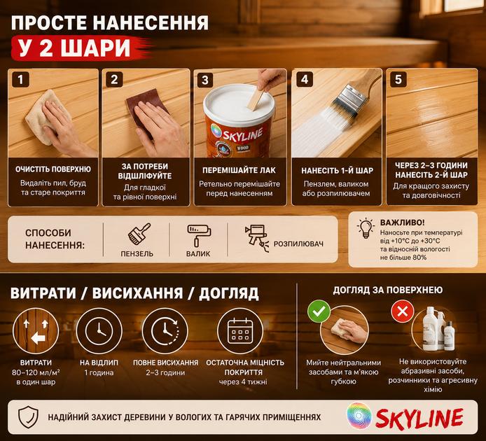 Лак для Сауны акриловый SkyLine Полуматовый 0.75 л - Фото 7 Лак для Сауны акриловый SkyLine Полуматовый 0.75 л - изображение 7