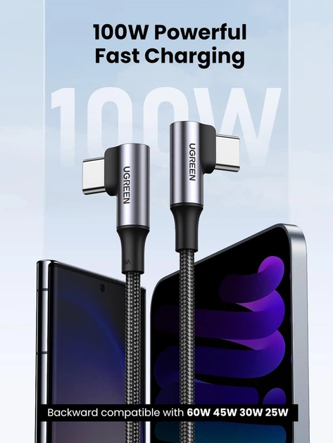 Кабель USB-C to USB-C Ugreen 100 Вт 90 градусів, 51 см для iPhone, MacBook Pro, iPad, Samsung Galaxy, Z Fold, Google Pixel,Switch - Фото 2 Кабель USB-C to USB-C Ugreen 100 Вт 90 градусів, 51 см для iPhone, MacBook Pro, iPad, Samsung Galaxy, Z Fold, Google Pixel,Switch - зображення 2