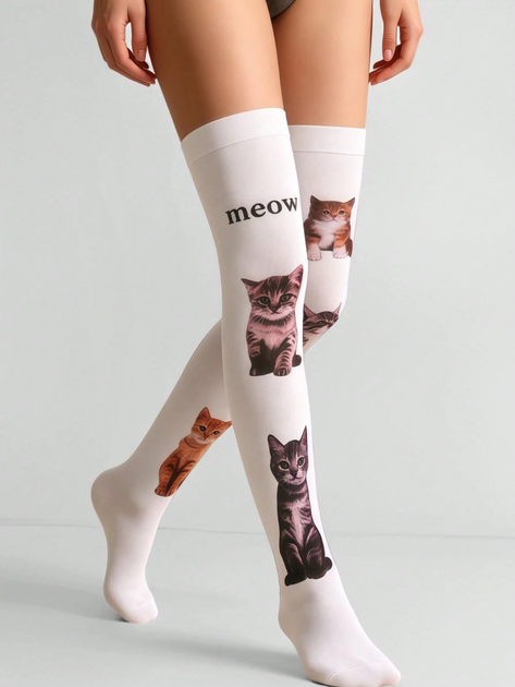 Довгі білі панчохи з котиками Meow y2k, жіночі гольфи 40 den вище коліна з принтом котиків - зображення 2